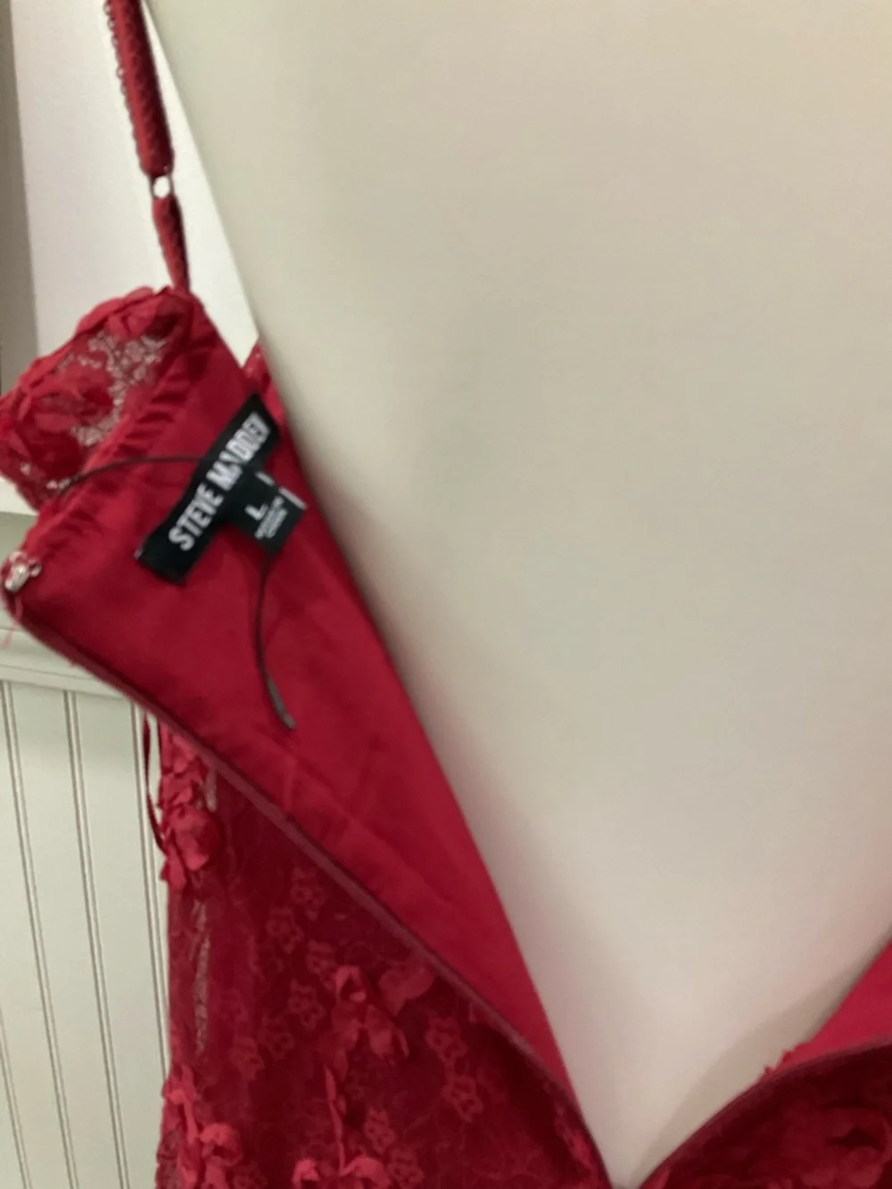 Steve Madden Wine Red Floral Lace Midi Dress Large Ruffle NWOT Adjustable Straps